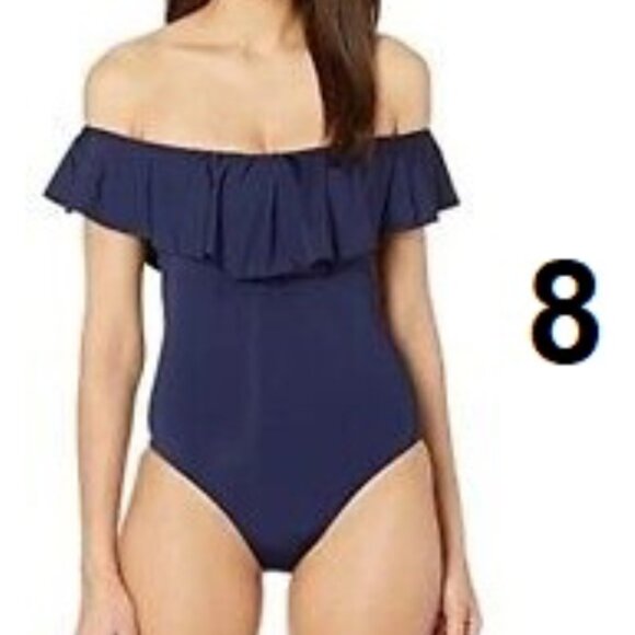 Trina Turk Paddle Suit Ruffle Monaco Navy Off Shoulder One Piece Swimsuit Size 8 - Picture 11 of 11